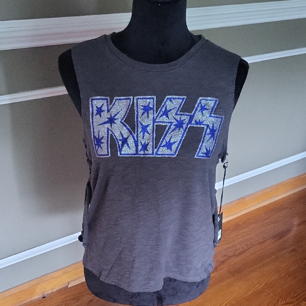 KISS Gray Tank With GLITTER  Graphic